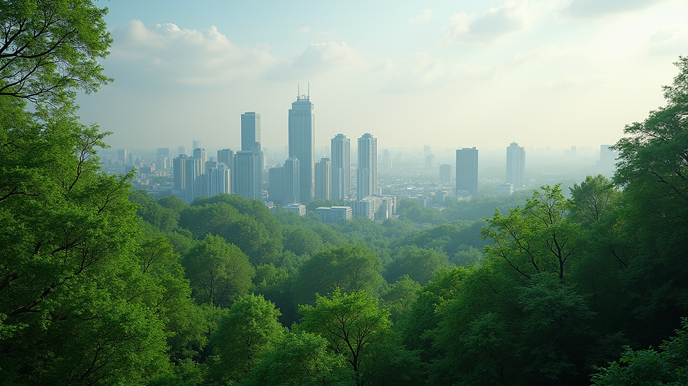 Wide angle view of a lush green forest with modern buildings in the background