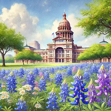 DALL·E 2025-03-17 08.56.06 - A watercolor illustration of the Texas Capitol surrounded by