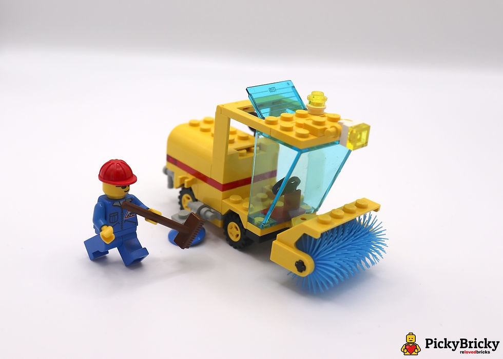 LEGO 6649 Straßenkehrmaschine: gelbes Stadtfahrzeug mit blauen Bürsten und Fahrer-Minifigur