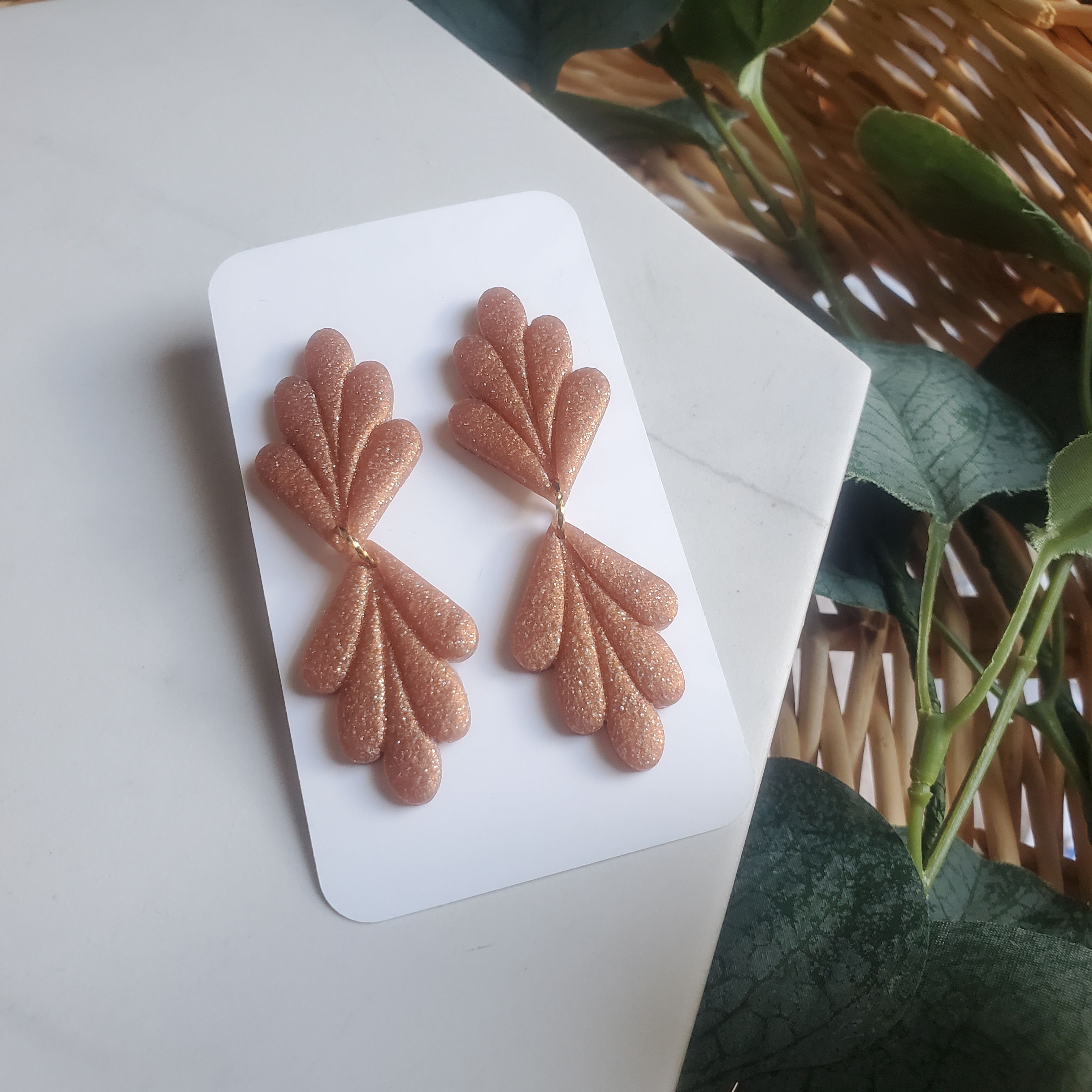 Floral Fan Polymer Clay Earrings - Sparkly Bronze with Gold Studs