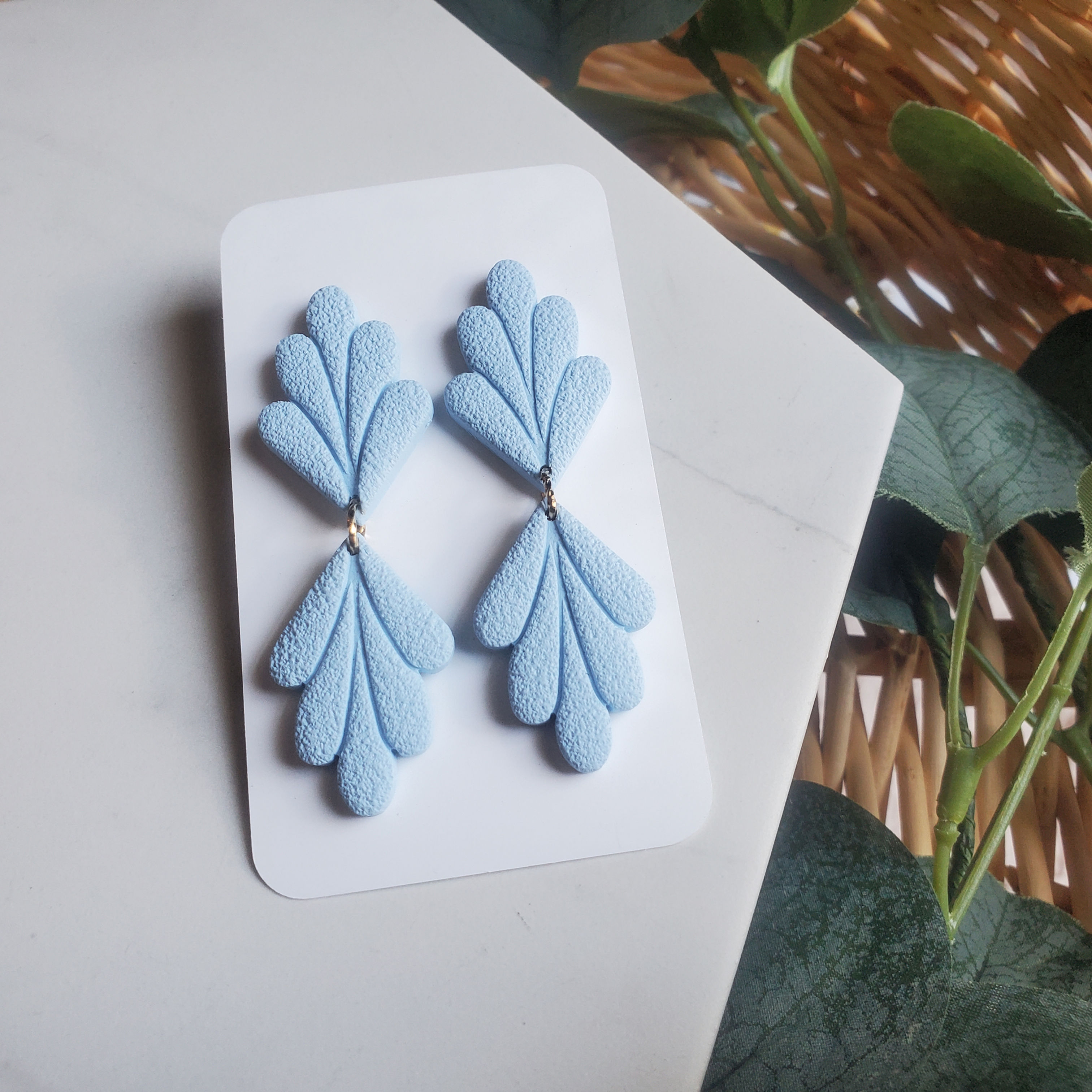 Floral Fan Polymer Clay Earrings - Light Blue with Gold Studs