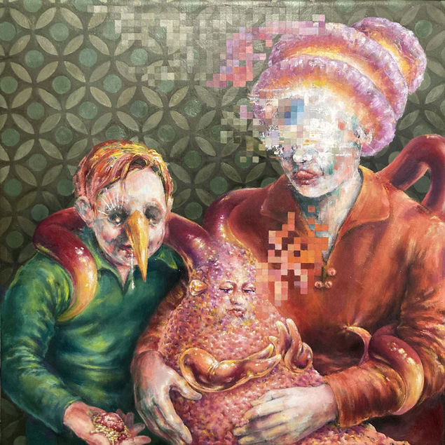 Familienportrait aus einer fernen Zukunft in der die menschliche evolution bereits weit vorangeschritten ist vor olivgrünem Tapetenhintergrund