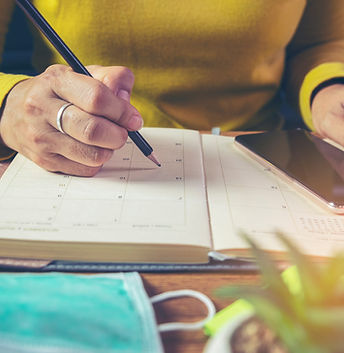 Hand of Planner write meeting agenda at Calendar, Meeting online at home Business Woman pl