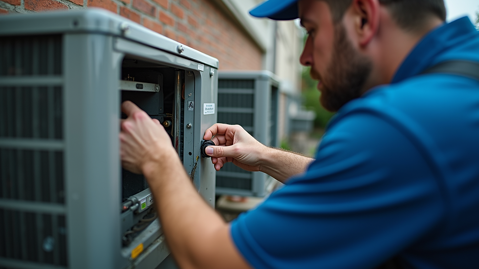 Close-up view of HVAC technician checking air conditioner components