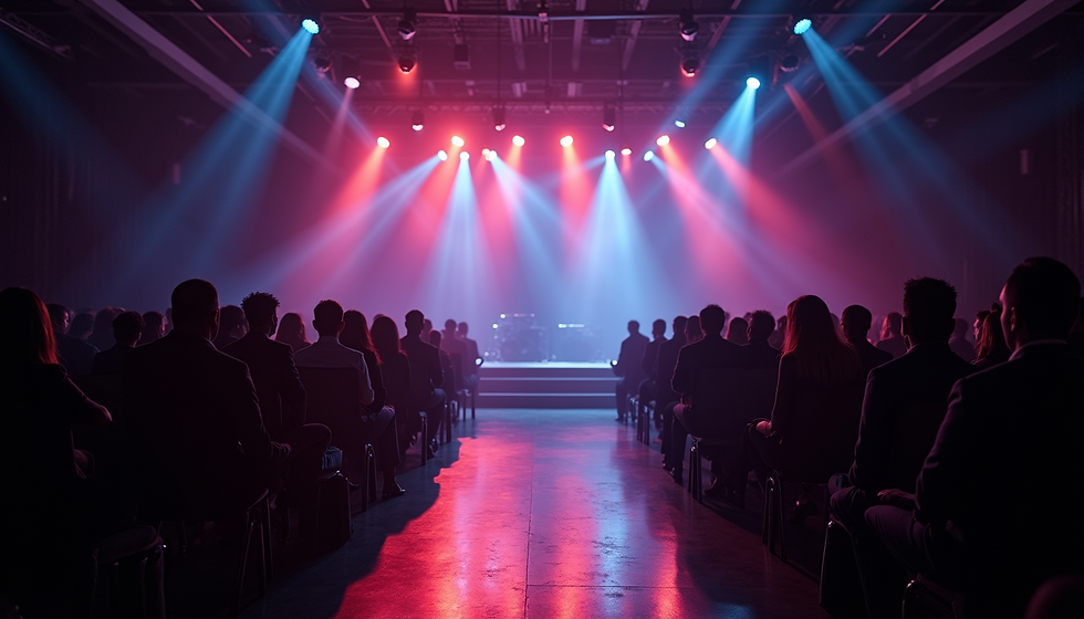 Pessoas sentadas em um auditório escuro, com luzes vermelhas e azuis no palco. Atmosfera de expectativa e foco.