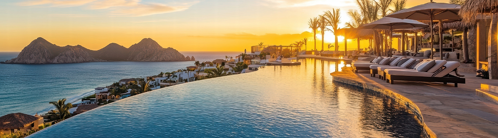 Luxury infinity pool overlooking the ocean at sunset, a peaceful tropical resort setting perfect for winter sun escapes.