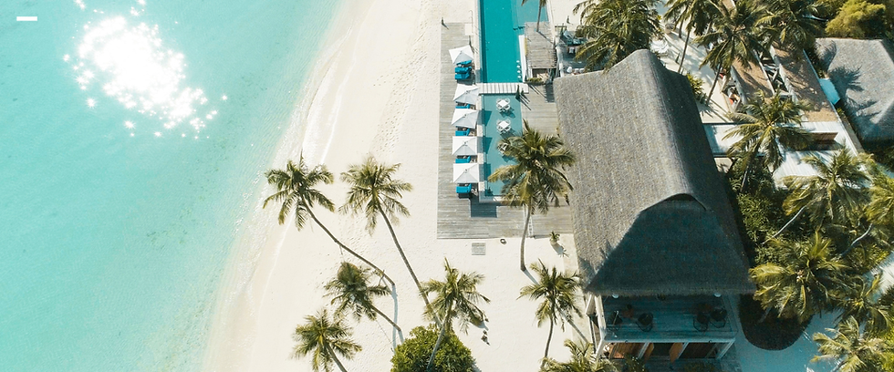 Aerial view of a luxury beachfront resort with palm trees, white sand, and a long pool overlooking crystal-blue water.