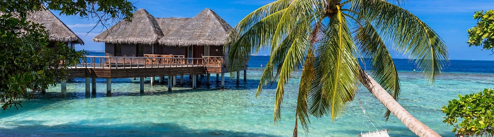 Luxury overwater bungalows on a tropical island with crystal-clear lagoon and palm trees