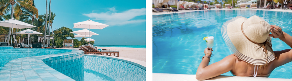 Two images side by side of a pool at an all inclusive resort with the sandy beach in the background with beach chairs on the sand and a view of a woman in a pool from behind wearing a sun hat and a pina colada in her hand