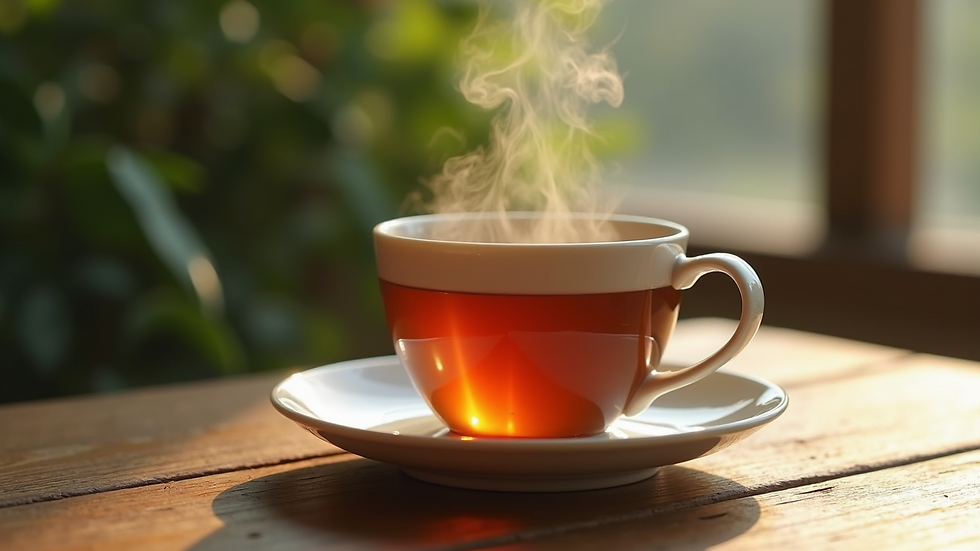 Close-up view of a steaming cup of herbal tea on a wooden table