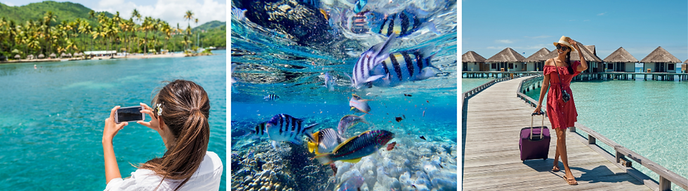 Woman taking photos of a tropical beach, colorful fish swimming underwater while snorkeling, and traveler walking toward luxury overwater villas on a dream island vacation