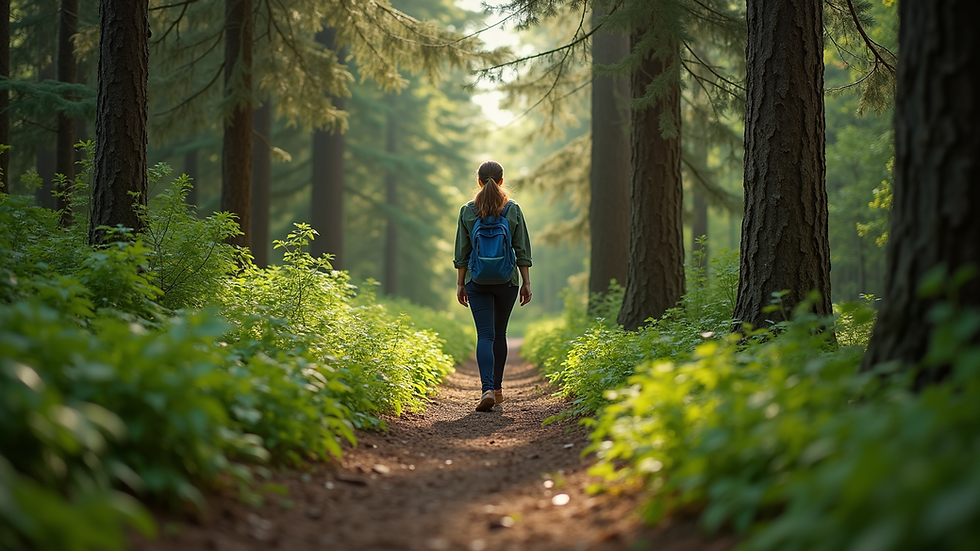 Eye-level view of a woman walking on a forest trail surrounded by green trees