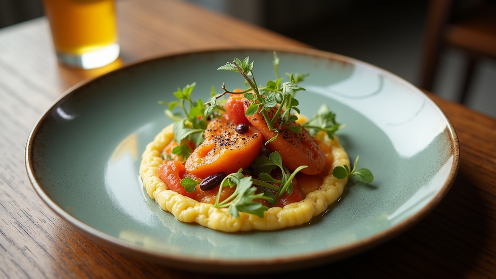 High angle view of a beautifully plated dish with vibrant colors and garnishes