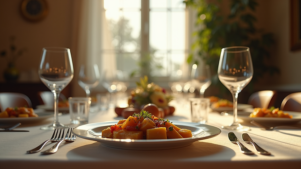 Eye-level view of a beautifully set dining table with a delicious meal