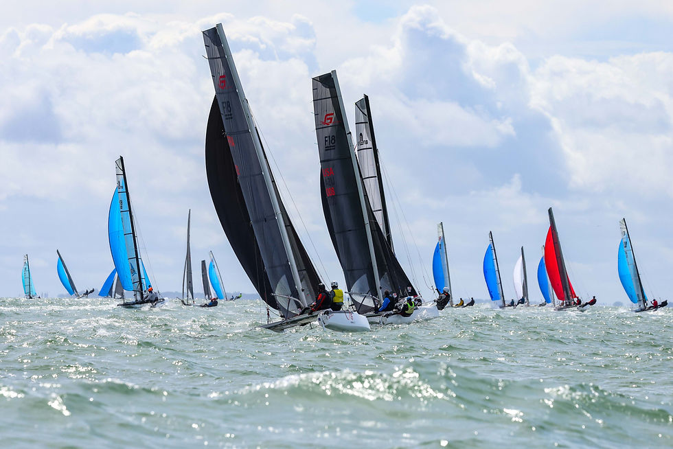 The fleet racing downwind on the final day in 15–20 knots off La Rochelle, Act 2 F18 European Tour 2026 · © La Rochelle Nautique / Olivier Lhopez
