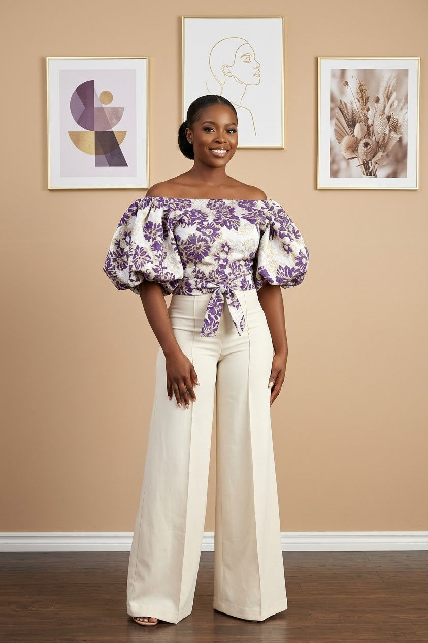 Thumbnail: Lola Dija Off-Shoulder Puff-Sleeve Brocade Top