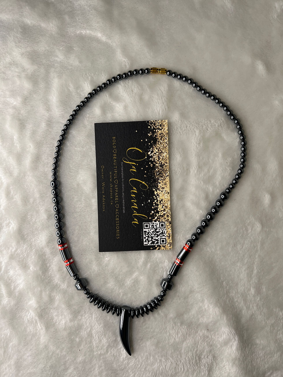 Thumbnail: Black Grey Onyx Fang Pendant Necklace