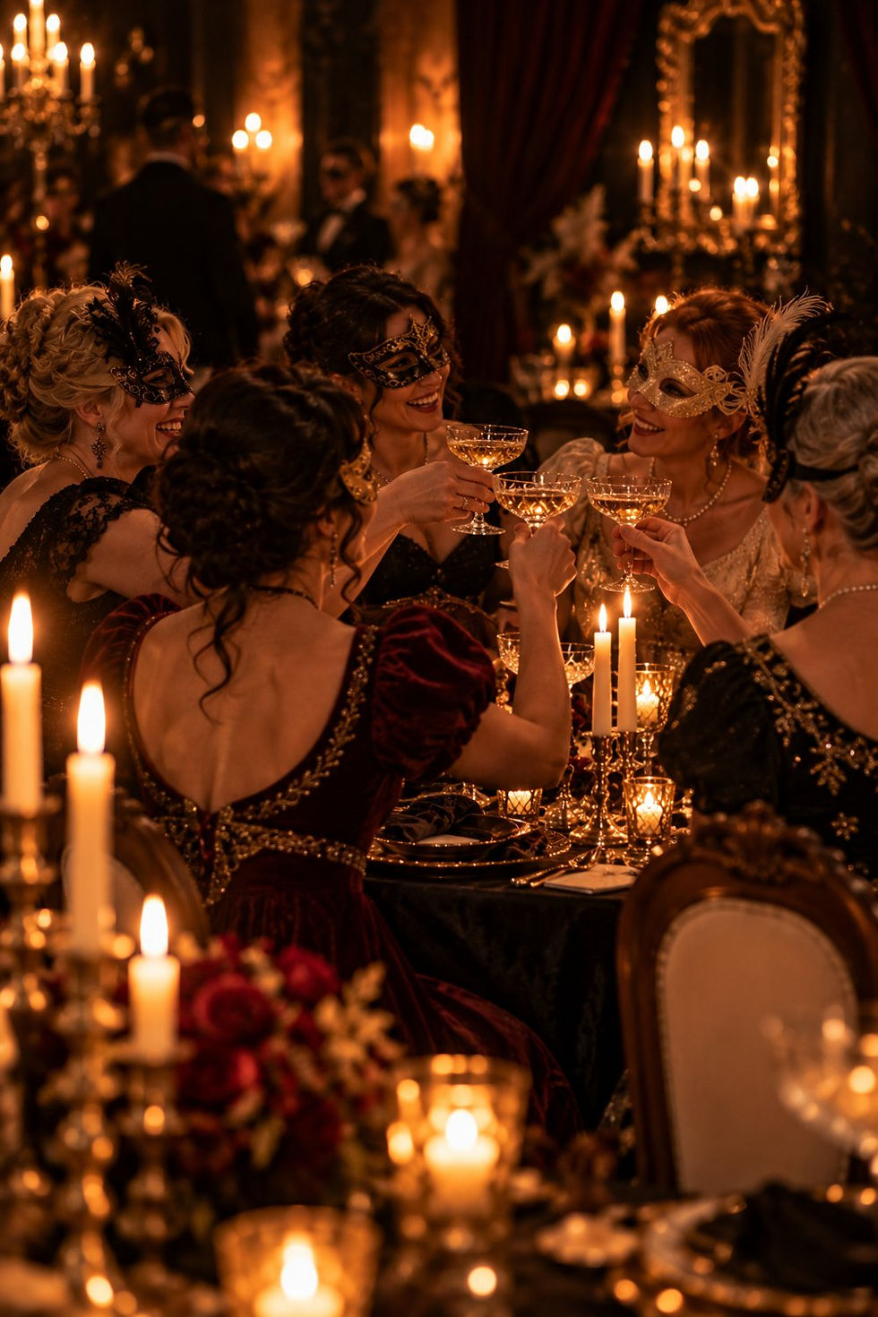 Masked friends in gowns raising coupes at a candlelit table