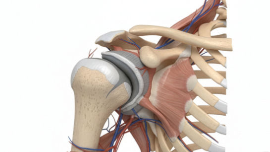 Diagram of the shoulder joint, showing bones, muscles, and nerves in detailed colors. Vital Kneads Massage logo in the bottom right.
