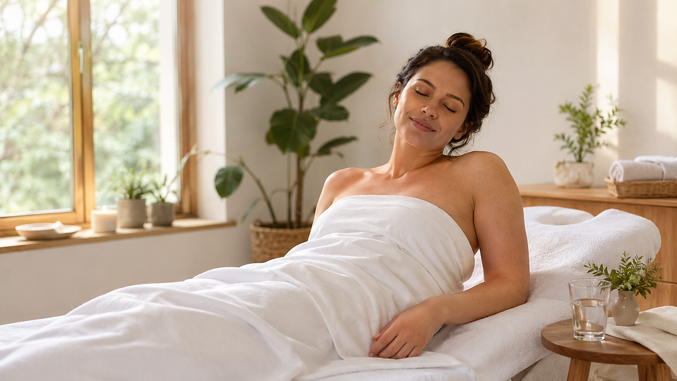 Woman wrapped in a white towel reclines on a spa table in a sunlit room with plants, smiling peacefully.