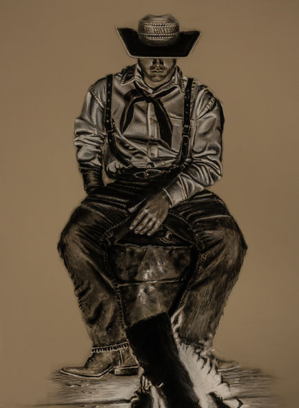 Charcoal Black and White drawing. Cowboy sitting on an old metal drum looking down at the fire in front of him in contemplation