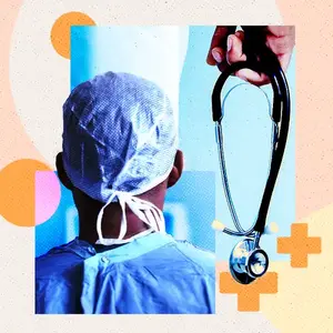 Illustration of the back of a doctor in a surgical cap and gown, facing away from the viewer with a stethoscope