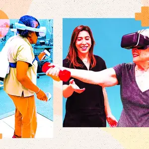 Women wearing virtual reality headsets and receiving care from a physical therapist 