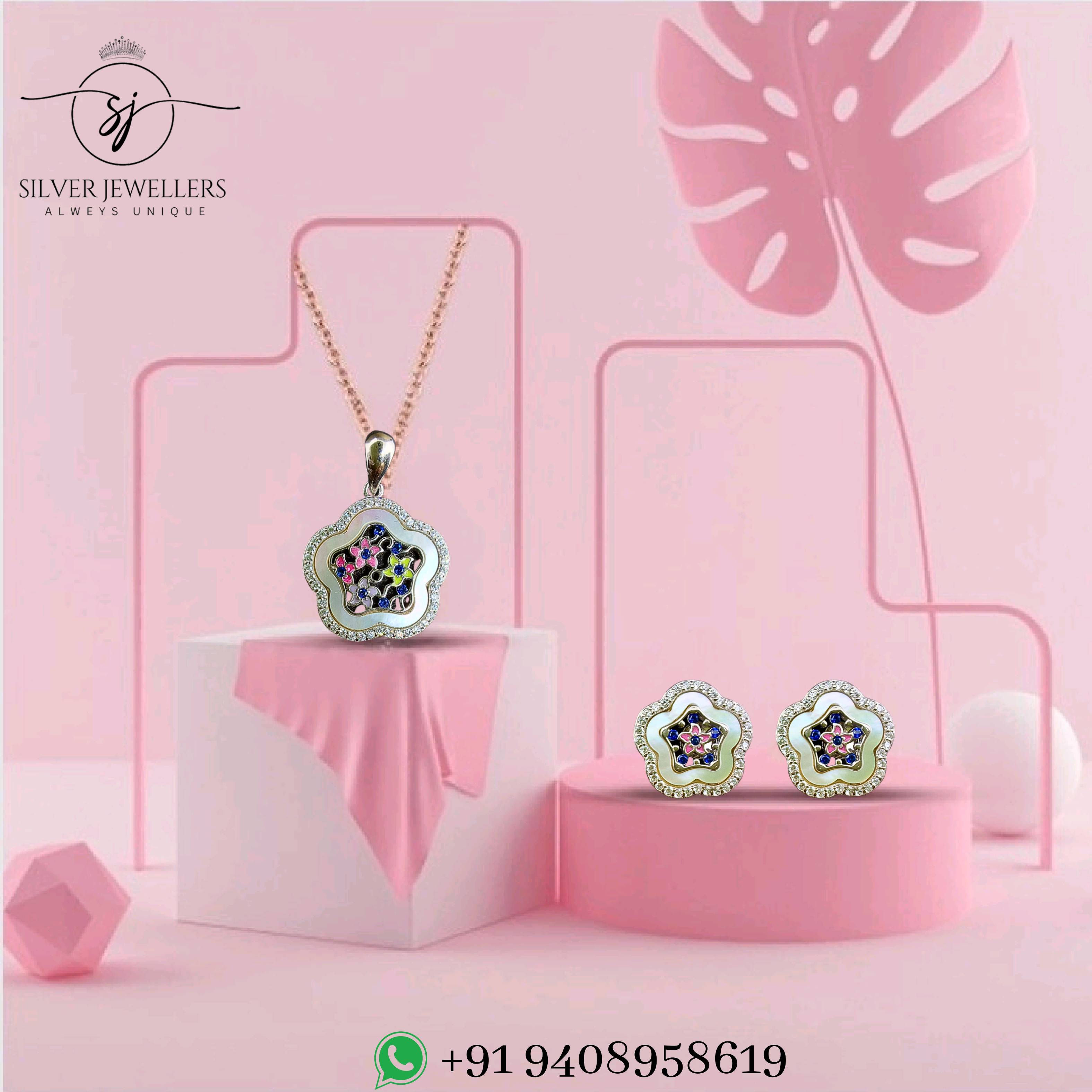 Colourful flower shape trending silver pendant and earring set