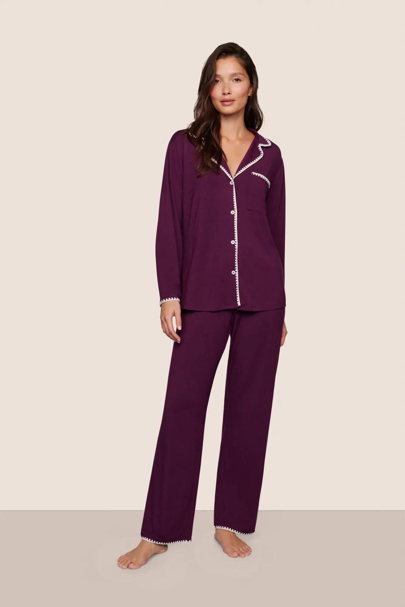 Eberjey Frida Modal Long Sleeve PJ Set - Plum / Ivory