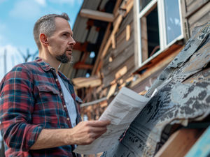Texas homeowner standing outside storm-damaged roof with insurance paperwork
