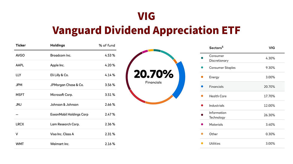 VIG十大持倉包括Broadcom、Apple、Eli Lilly、JPMorgan、Microsoft、Johnson & Johnson、Exxon Mobil、Lam Research、Visa及Walmart，前十大合共約佔31.9%。組合約持有330隻股票，行業集中於資訊科技26.3%、金融20.7%、醫療保健17.7%及工業12.0%，四個行業合計逾七成。