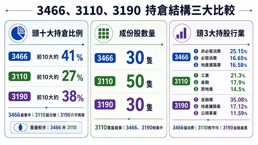 資訊圖比較3466、3110、3190持倉結構，三欄藍綠紫版面，顯示前10大持股比例、成份股數量與前三大持股行業占比。