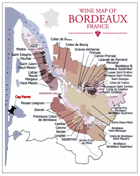 Wine map of Bordeaux France showing multiple wine regions in relation to Cap Ferret