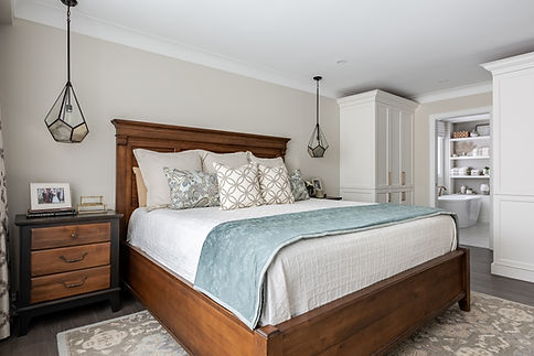 A sophisticated, modern bedroom, designed by Melissa Walsh Interiors, St.Catharines custom interior deisgn