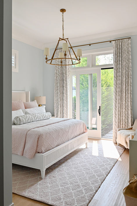 Light Pink and White and Green bedroom design, custom bedding, by Simply White Interiors