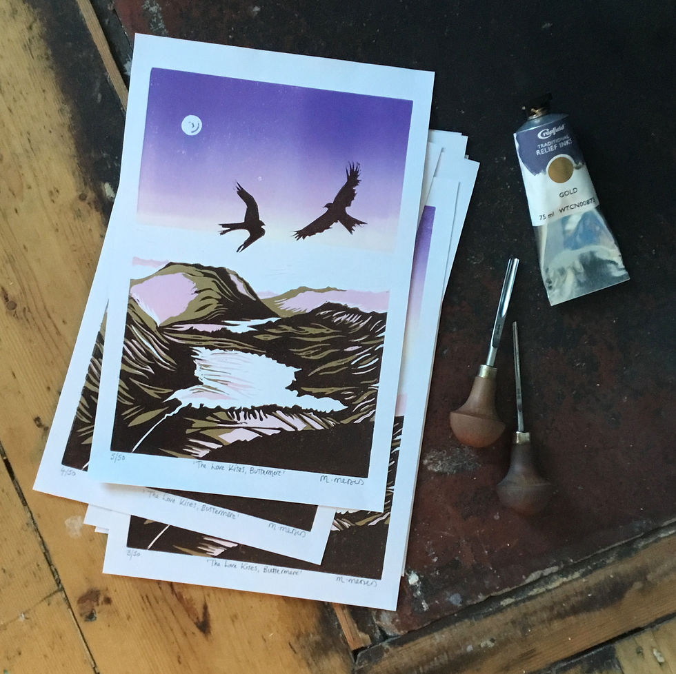 Thumbnail: ‘The Love Kites, Buttermere’ Lino Print