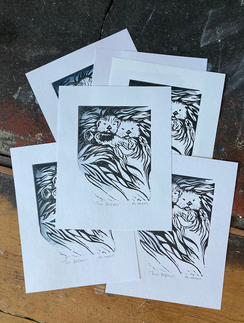 Thumbnail: ‘Two Drifters’ Sea Otters Lino Prints