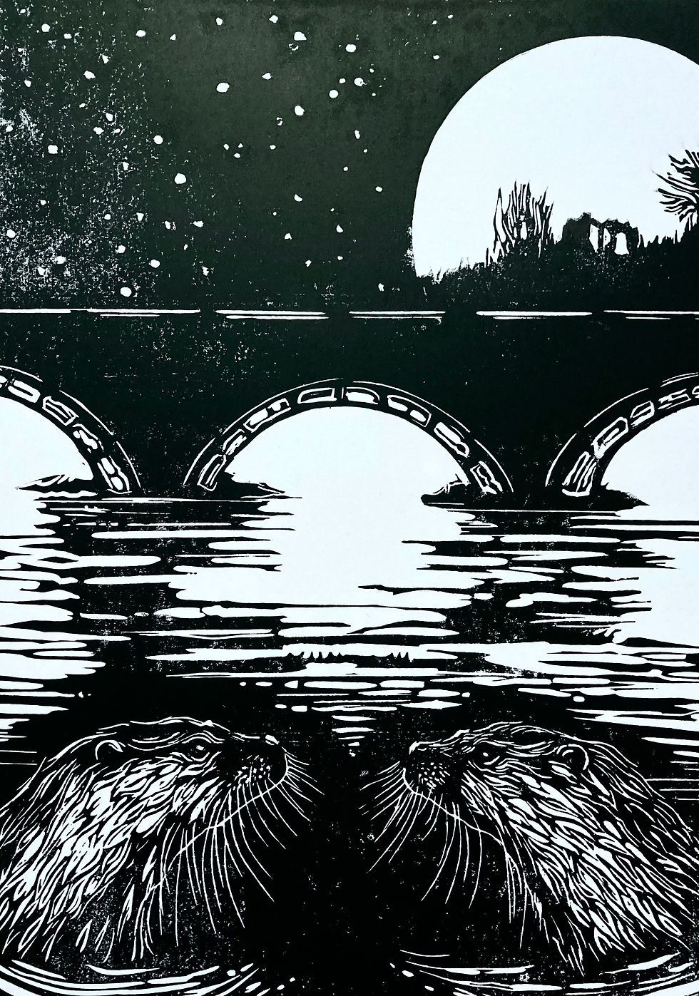 Thumbnail: 'Moonlight Meeting (Kendal Otters)' Lino Print