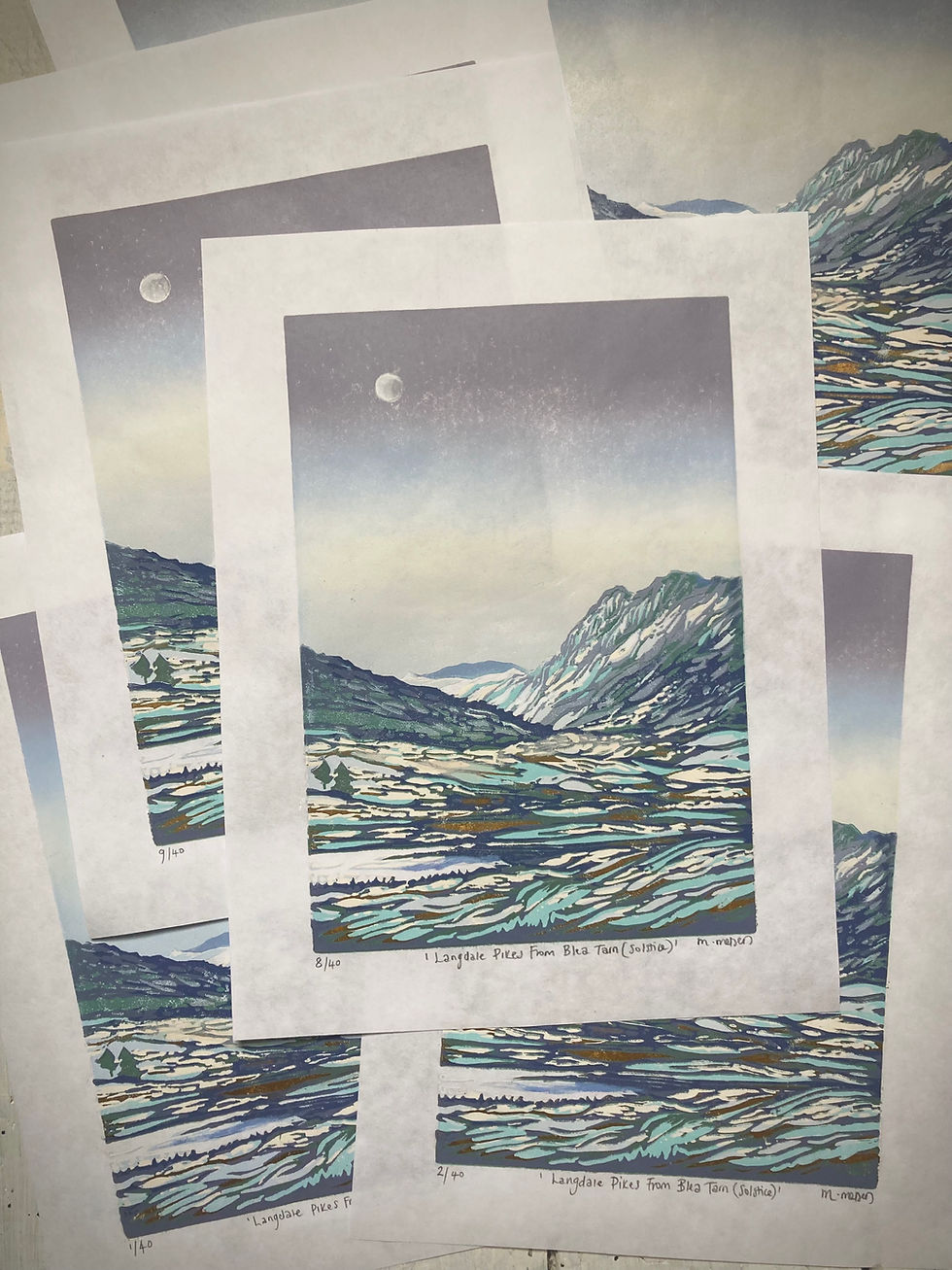 Thumbnail: 'Langdale Pikes From Blea Tarn (Solstice)' Lino Print