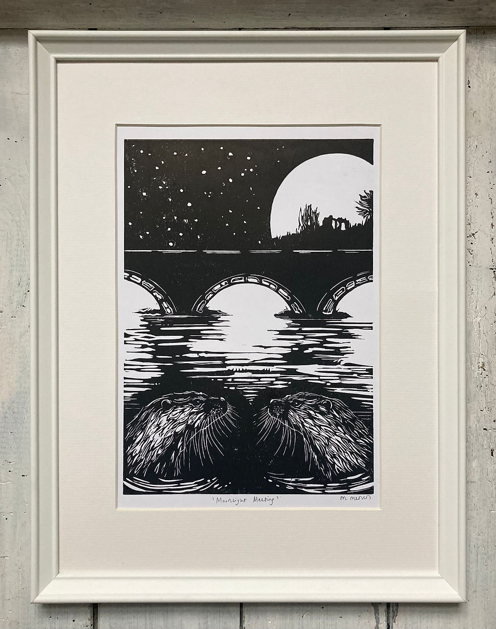 Thumbnail: 'Moonlight Meeting (Kendal Otters)' Lino Print