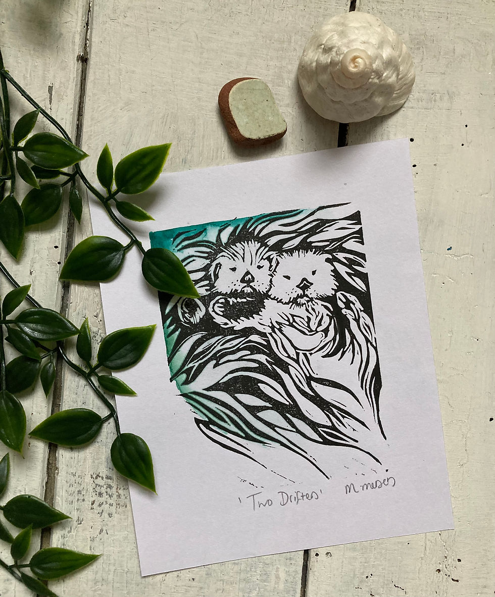 Thumbnail: ‘Two Drifters’ Sea Otters Lino Prints