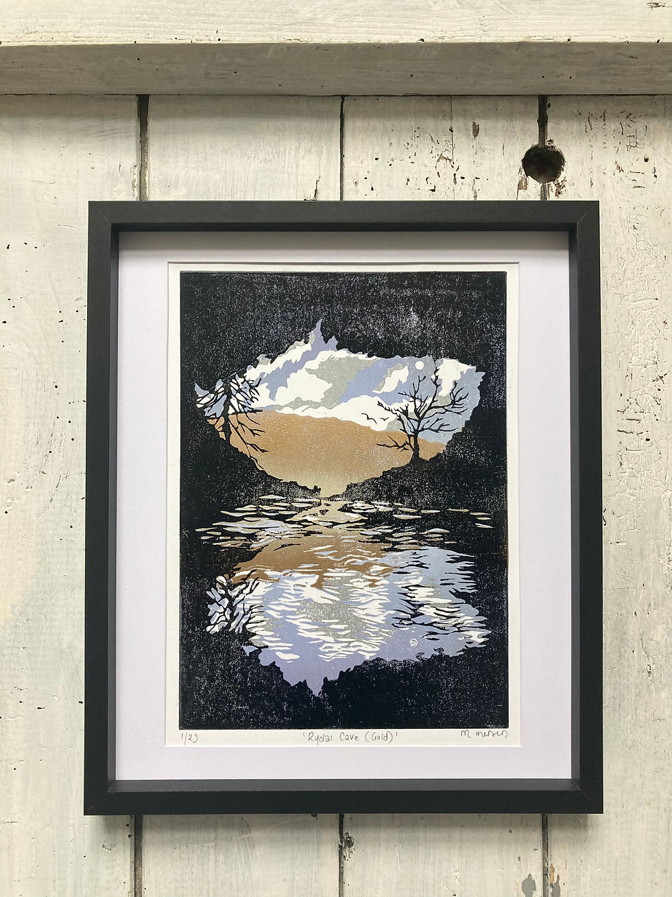 Thumbnail: Rydal Cave Gold Lino Print