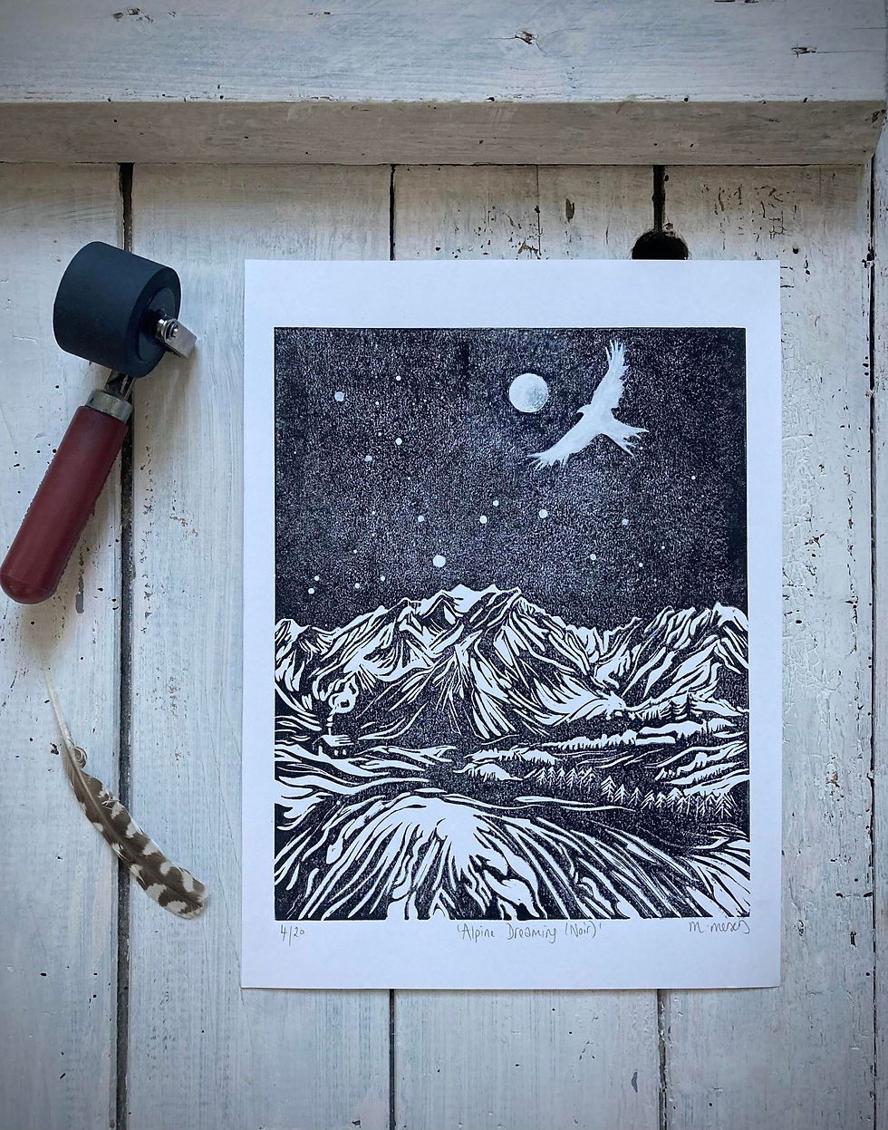 'Alpine Dreaming (Noir)' Lino Print