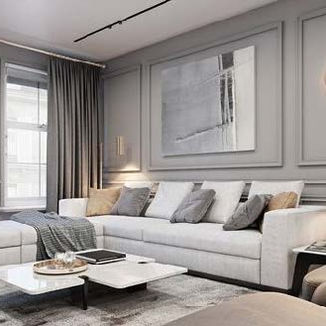 Elegant living room with modern gray and white decor.