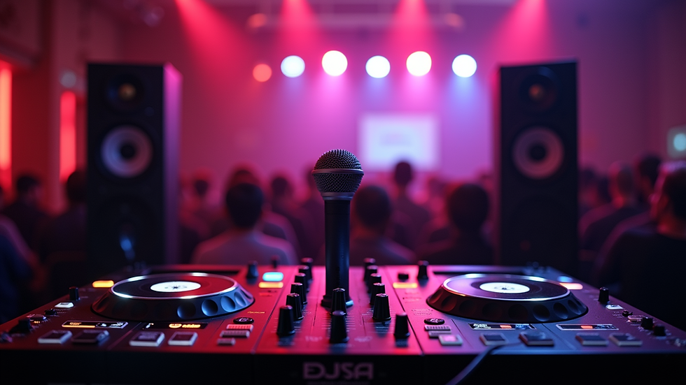Eye-level view of professional karaoke DJ setup with speakers and microphone