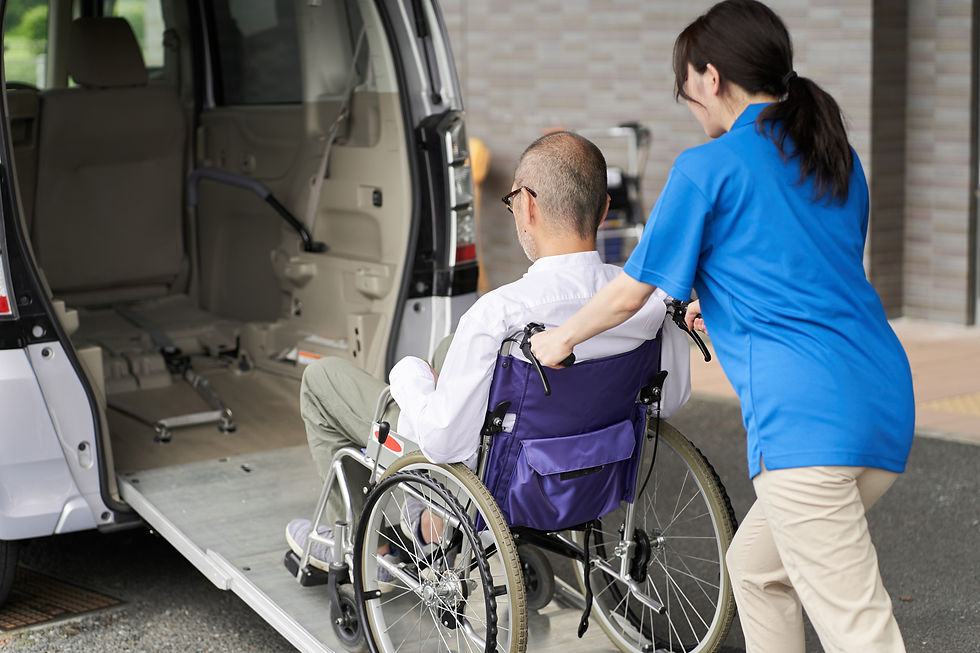 Carer transporting participant in a wheelchair.