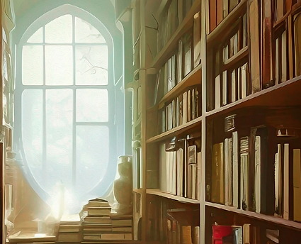 library shelves with arched window