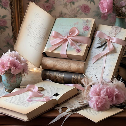 pile of beautiful books wrapped in pink ribbons
