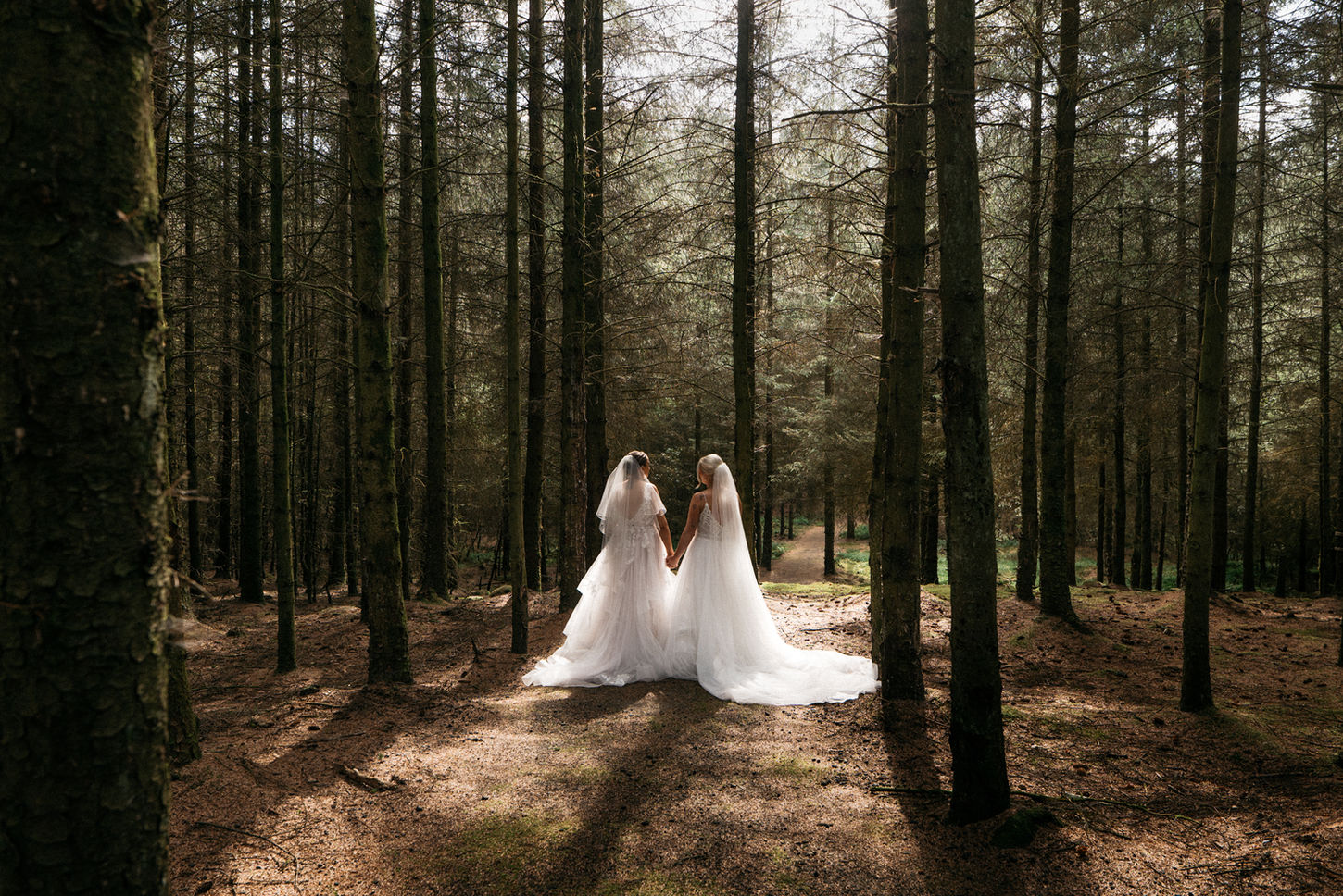 Two brides gazing at one another in Scottish woodland