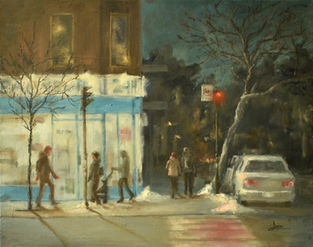 Peinture à l'huile, scene de nuit figurative à montreal hochelaga en hiver, christine lariviere, artiste peintre québécoise, rue, Christine Larivière, Lari, art visuel, art figuratif, contemporain, collection, peinture à l'huile, peintre québécoise, tableau,